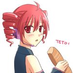  ahoge baguette bread detached_sleeves drill_hair food headphones headset hira_(hira0812) kasane_teto red_eyes red_hair solo twin_drills twintails utau 