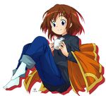  blue_eyes brown_hair cup denim hair_ornament jeans kueru_(yuuki_tamerawanai) lyrical_nanoha mahou_shoujo_lyrical_nanoha mahou_shoujo_lyrical_nanoha_a's mug pants shawl short_hair solo sweater x_hair_ornament yagami_hayate 