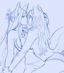  blush bracelet breasts butt couple female hair half-closed_eyes jewelry lesbian lilyness navel nipples one_eye_closed panties raised_tail skimpy tail topless underwear 