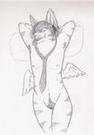  canine cuntboy ear_piercing ftm industrial_piercing intersex isil isil_(character) line_art monochrome necktie nipples nude on_back piercing pillow pussy reclining sketch solo tongue_out transgender wings 