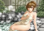  brown_eyes brown_hair covering hamura_mayu light_smile meiko nude nude_cover onsen short_hair smile solo steam towel vocaloid water 