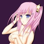  bell blue_eyes blush breast_hold breasts covering female hair_ornament hairclip large_breasts long_hair nude nude_cover open_mouth original pink_hair ponytail shake_(ferit3) side_ponytail simple_background solo 