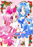  2girls :d :o bad_id bad_pixiv_id blue_choker blue_eyes blue_hair blue_skirt bow brooch choker cure_blossom cure_marine dress eyelashes flower food fruit hair_flower hair_ornament hair_ribbon hairpin hanasaki_tsubomi happy heart heartcatch_precure! jewelry koron_(macarongirl27) kurumi_erika long_hair magical_girl multiple_girls one_eye_closed open_mouth outstretched_hand pink_bow pink_choker pink_eyes pink_hair ponytail precure ribbon skirt smile sparkle strawberry strawberry_blossoms surprised thighhighs white_legwear wrist_cuffs zettai_ryouiki 