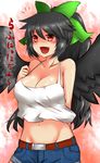  :d alternate_costume bare_shoulders black_hair blush bow breasts casual cleavage contemporary covered_nipples crop_top denim denim_shorts fang green_bow groin hair_bow hair_ribbon halterneck large_breasts long_hair midriff navel no_bra open_mouth ponytail red_eyes reiuji_utsuho ribbon roki_(hirokix) short_shorts shorts smile solo touhou translation_request wings 