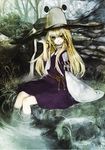  alternate_hairstyle blonde_hair duca grass hat long_hair moriya_suwako nature sitting smile soaking_feet solo stone touhou water 