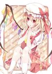  ascot bad_id bad_pixiv_id blonde_hair bloomers blouse flandre_scarlet hands_together hat hat_ribbon own_hands_together red_eyes ribbon shain_roki short_hair side_ponytail sitting skirt socks solo touhou underwear vest wings 