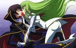  arm_grab ass black_hair c.c. cc chin_grab code_geass couple eye_contact green_hair incipient_kiss kiss lelouch_lamperouge long_hair open_mouth short_hair surprise surprised 