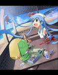  blue_eyes blue_hair closed_eyes crossover dress dutch_angle frog gundam hat highres ikamusume keroro keroro_gunsou long_hair prehensile_hair sam_(nakabashi) shinryaku!_ikamusume solo space_craft tentacle_hair tool_kit toy victory_gundam zaku 