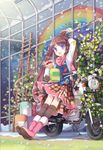  :d blue_eyes boots brown_hair flower gloves ground_vehicle highres jin_young-in ladder leaning motor_vehicle motorcycle oekaki_musume open_mouth original paint paint_can paintbrush rainbow smile solo thighhighs trim_brush twintails 