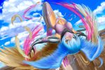  armor blue_eyes blue_hair canyon claws cloud day digimon digimon_frontier facial_mark feathers head_wings highres legs mask midriff navel pink_legwear scarf short_hair shutumon solo tan thighhighs upside-down wings worange 