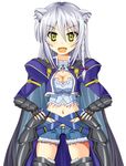  animal_ears armor braid breasts cape cat_ears cleavage denim denim_shorts dog_days fang female hands_on_hips highres leonmitchelli_galette_des_rois long_hair midriff navel open_mouth shorts silver_hair simple_background smile solo white_background yellow_eyes 
