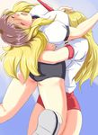  alternate_costume bearhug between_breasts blonde_hair breasts buruma closed_eyes contemporary flx gradient_hair gym_uniform hijiri_byakuren horn hoshiguma_yuugi large_breasts long_hair multicolored_hair multiple_girls open_mouth purple_hair ryona touhou wrestling 