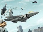  ace_combat_assault_horizon aerial_battle aircraft airplane battle building city condensation_trail crushing damaged day explosion f-22_raptor fighter_jet flying highres jet military military_vehicle missile no_humans sky smoke su-35 thompson 