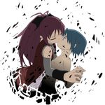  bare_shoulders blue_eyes blue_hair disintegration kiss long_hair lowres magical_girl mahou_shoujo_madoka_magica miki_sayaka multiple_girls ponytail red_hair sakura_kyouko serohan tears yuri 