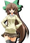  alternate_costume black_legwear bow brown_eyes brown_hair casual contemporary green_bow hair_bow hands_on_hips long_hair looking_at_viewer open_mouth pleated_skirt rappa_(rappaya) reiuji_utsuho school_uniform simple_background skirt smile solo sweater thighhighs thighs touhou very_long_hair zettai_ryouiki 