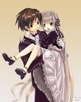  1girl bad_id bad_pixiv_id blonde_hair blush carrying da-cart dress frills gosick gothic_lolita green_eyes hairband kujou_kazuya lolita_fashion long_hair official_style open_mouth princess_carry very_long_hair victorica_de_blois 