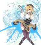  beret blonde_hair boots breasts brown_legwear charlotte_(madoka_magica) derringer detached_sleeves drill_hair fingerless_gloves gloves gun hair_ornament hairpin handgun hat highres magical_girl magical_musket mahou_shoujo_madoka_magica one_eye_closed pistol pleated_skirt puffy_sleeves ribbon rifle short_hair short_twintails skirt solo striped striped_legwear takanashi_ringo thighhighs tomoe_mami twin_drills twintails vertical-striped_legwear vertical_stripes weapon yellow_eyes zettai_ryouiki 