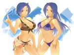 ahoge blue_hair breasts cleavage dedede dual_persona floral_print front-tie_top idolmaster idolmaster_(classic) idolmaster_2 large_breasts long_hair miura_azusa multiple_girls navel o-ring o-ring_top print_sarong red_eyes sarong swimsuit 