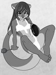  bra female frying_pan glasses greyscale hair inviting long_hair looking_at_viewer monochrome navel otter panties solo spatula underwear 