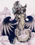  avian beak bird blue_eyes breasts cloud female gryphon lazzydragon looking_at_viewer nude solo wings 