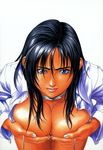  black_hair blue_eyes breast_press breasts chichinoe_plus covering covering_breasts highres inoue_takuya large_breasts leaning_forward lips long_hair open_clothes open_shirt parted_lips shirt solo 