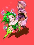  1girl bare_shoulders cape edward_geraldine final_fantasy final_fantasy_iv flaba-trip from_above full_body green_eyes green_hair hair_ornament hairpin looking_up magic mask ninja ninja_(final_fantasy) pants purple_hair rydia short_hair simple_background smile 