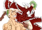  1girl ascot black_eye blood breasts broken_tooth dress green_hair injury kazami_yuuka medium_breasts nosebleed red_eyes shiba_meiji short_hair smile thumbs_up touhou 