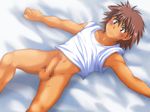  bed_sheet bedsheets blush bottomless brown_hair censored erection male male_focus mosaic_censoring muscle navel nude outstretched_arms penis pixelated set shirt solo spread_arms spread_legs t-shirt thisarmor undressing yaoi 