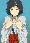  black_hair blush gradient gradient_background hair_ornament hairclip ippo japanese_clothes kimono male_focus purple_eyes short_hair solo steins;gate tears trap urushibara_luka urushibara_ruka 