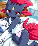  bed blush clothing female g-sun panties pok&eacute;mon pok&eacute;morph red_eyes smile solo underwear weavile 