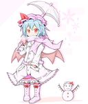  blue_hair boots coat flandre_scarlet hat karamoneeze pigeon-toed red_eyes remilia_scarlet scarf snowman solo touhou umbrella wings 