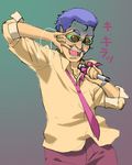  \m/ dark_skin dark_skinned_male elmo_kridanik facial_hair glasses lowres macross macross_frontier male_focus microphone mustache necktie oekaki pointy_ears purple_hair seikan_hikou shirt solo sweat tooya_daisuke translated zentradi 