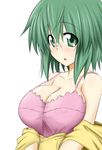  blush breasts cleavage clothes_down glasses green_eyes green_hair infinite_stratos large_breasts open_mouth short_hair solo take_(shokumu-taiman) undressing yamada_maya_(infinite_stratos) 