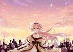  bad_id bad_pixiv_id bare_shoulders brown_eyes building choker city flower groin hair_flower hair_ornament hairband long_hair modoromi navel nekomura_iroha petals pink_hair sky solo sparkle sunset tears vocaloid 