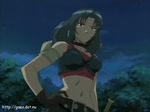  belt blue_hair breasts choker female gloves green_eyes hand_on_hip long_hair marone_bluecarno midriff navel serious solo sword tales_of_(series) tales_of_eternia tree weapon 