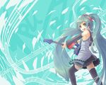  :d aqua_eyes aqua_hair detached_sleeves guitar hatsune_miku headset hiiragi_shou instrument long_hair necktie open_mouth skirt smile solo thighhighs twintails very_long_hair vocaloid 