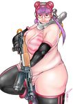  bad_id bad_pixiv_id bad_proportions bikini breasts cleavage fat glasses gun helmet kusagami_style large_breasts lips looking_at_viewer obese original purple_hair signature simple_background solo swimsuit thighhighs weapon white_background 
