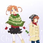  beanie blue_eyes blush brown_hair coat fringe_trim hand_in_pocket hat holly leg_warmers lyrical_nanoha mahou_shoujo_lyrical_nanoha mahou_shoujo_lyrical_nanoha_a's mahou_shoujo_lyrical_nanoha_a's_portable:_the_battle_of_aces material-s merry_christmas multiple_girls open_mouth pantyhose poncho purple_eyes red_hair snow takamachi_nanoha takana turtleneck twintails white_legwear 