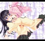  akemi_homura black_hair blush closed_eyes glomp hairband happy hug irori kaname_madoka letterboxed long_hair mahou_shoujo_madoka_magica mitakihara_school_uniform multiple_girls open_mouth pink_hair purple_eyes school_uniform short_hair smile twintails 