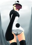  animal_ears animal_hat ass hamu_no_jin hat highres lips looking_back no_pants original panda_ears panties purple_eyes purple_hair short_hair sleeves_past_wrists solo striped striped_panties tail thighhighs underwear 