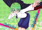  antennae bespectacled cape character_name glasses grapepop green_eyes green_hair highres open_mouth outstretched_arm pants short_hair solo touhou wriggle_nightbug 