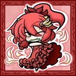  blush dancing dress fang flamenco flower flower_in_mouth hair_ornament horns one_eye_closed pixiv_fantasia pixiv_fantasia_5 ponytail red_dress red_flower red_hair red_rose rose solo yanagi_(nurikoboshi) yellow_eyes 