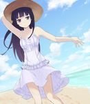  bad_id bad_pixiv_id bare_shoulders beach black_hair bridge dress footprints gokou_ruri hand_on_headwear hands hat kaya_(c14) light_smile long_hair looking_at_viewer mole mole_under_eye ore_no_imouto_ga_konna_ni_kawaii_wake_ga_nai petticoat sand solo sun_hat sundress 