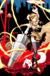  arm_cannon arm_up beret blonde_hair drill_hair fingerless_gloves gloves gun hat kaida_michi kyubey legs long_legs magical_girl mahou_shoujo_madoka_magica striped striped_legwear thighhighs thighs tomoe_mami vertical-striped_legwear vertical_stripes weapon witch's_labyrinth yellow_eyes 