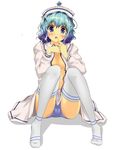  arms_up blue_eyes blue_hair blue_panties blush breasts cleavage finger_to_face fukunaga_kazuhiro grey_legwear hand_on_own_face hat highres merlin_prismriver no_bra open_clothes open_mouth open_shirt panties pantyshot pantyshot_(sitting) shirt sitting small_breasts solo thighhighs touhou underwear upskirt white_legwear 