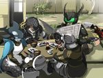  3boys ankh_(ooo) apron blue_eyes chopsticks dinner gamel green_eyes jpeg_artifacts kamen_rider kamen_rider_ooo_(series) kazari mezul monster multiple_boys name_john o_medal orca uva 