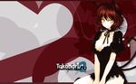  animal_ears blush breasts chen cleavage highres large_breasts older red_hair ribbon short_hair solo tail takaharu touhou wallpaper yellow_eyes 