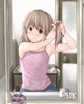  adjusting_hair bad_id bad_pixiv_id bangs bare_arms bare_shoulders blush bra brown_eyes brown_hair cup eyebrows_visible_through_hair female_pov flat_chest indoors lingerie looking_at_viewer mirror original pov reflection side_ponytail sleeveless smile solo tank_top toothbrush tying_hair underwear yoropa 
