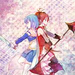  2girls antenna_hair blue_dress bow cape commentary_request dress from_side gloves hair_bow holding holding_sword holding_weapon long_hair lowres magical_girl mahou_shoujo_madoka_magica mahou_shoujo_madoka_magica_(anime) miki_sayaka miki_sayaka_(magical_girl) mizuki_(flowerlanguage) multiple_girls polearm ponytail profile red_dress sakura_kyoko sakura_kyoko_(magical_girl) spear staff sword thighhighs weapon white_cape white_gloves white_legwear zettai_ryouiki 