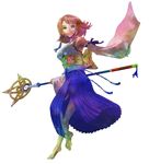  barefoot blue_eyes brown_hair detached_sleeves dissidia_012_final_fantasy dissidia_final_fantasy dress final_fantasy final_fantasy_x full_body green_eyes hakama heterochromia highres holding holding_wand japanese_clothes jewelry multicolored multicolored_eyes pink_sleeves purple_eyes purple_hakama short_hair simple_background smile solo staff wand wataame yuna_(ff10) 